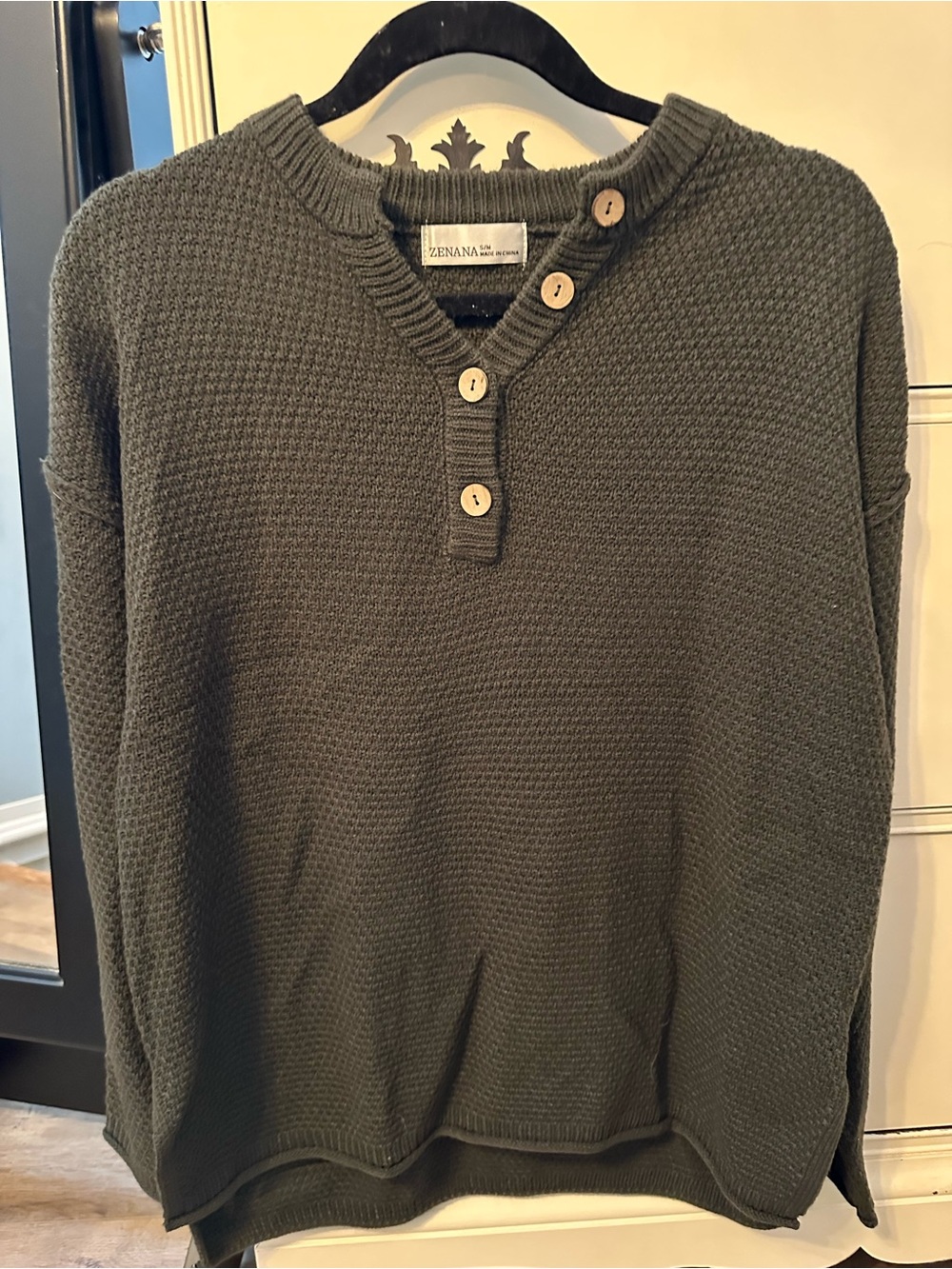 Zenana Outfitters Olive Knit Henley with Wood Buttons